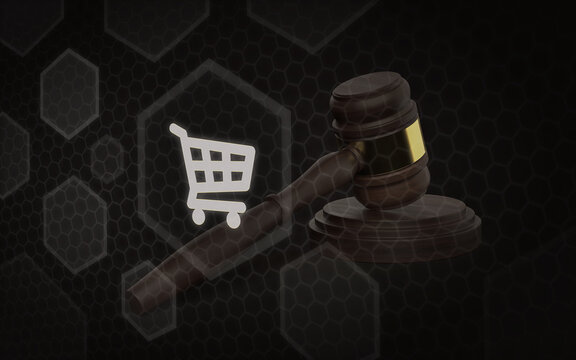 Recht und Gesetz im E-Commerce Verbraucherschutz Onlinehandel Shopping und Kaufrecht Illustration mit Einkaufswagen Richterhammer Justiz