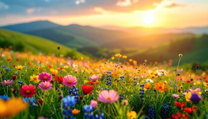 Obraz premium A vibrant field of wildflowers bathed in the golden light of a setting sun over rolling hills.