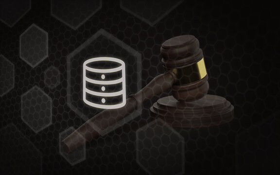 Recht und Gesetz Datenschutz Datenbankrecht und IT-Sicherheit Illustration mit Server Datenbank Richterhammer Justiz Hintergrund