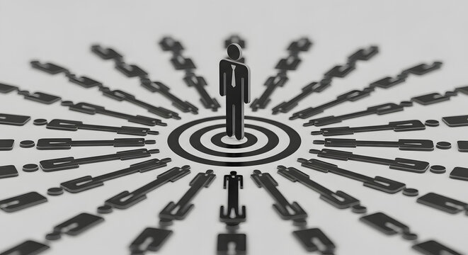 A central figure stands on a target, with chains connecting to surrounding figures, symbolizing control and influence.