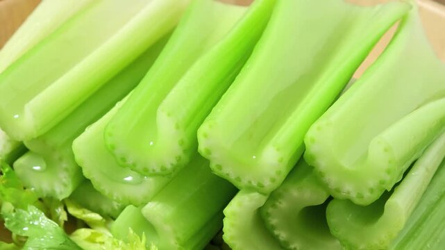 Fresh celery in a wooden bowl.	