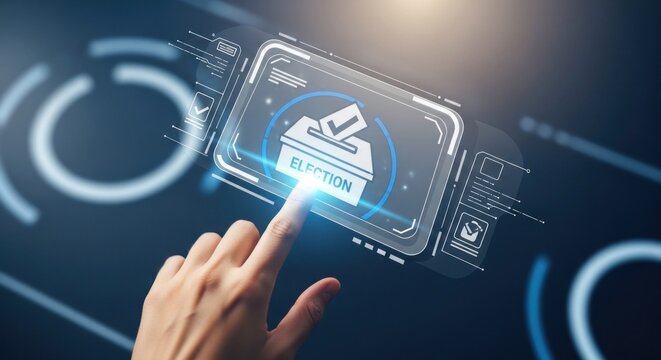 A finger presses a glowing "ELECTION" button with a ballot box graphic on a digital display