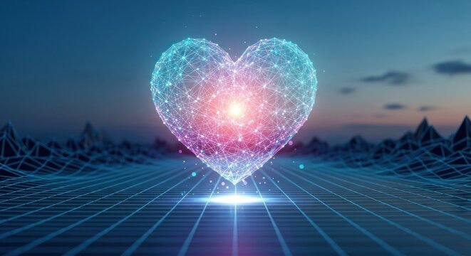 A glowing digital heart floats above a grid landscape at dusk