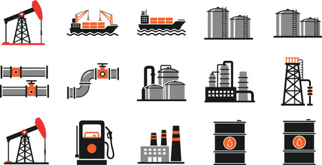 Oil and gas industry flat icons set, refinery storage tanker ship pumpjack fuel production vector collection © MdMosraful