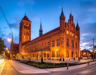 Naklejka premium Illuminated brick building under twilight skies, with lights on street