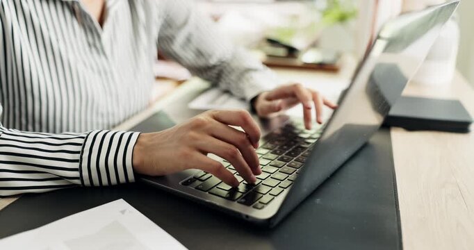 Typing, hands or woman with laptop in home office, copywriting or campaign proposal for remote work. Editing draft, marketing plan or freelancer with creative idea for brand identity, pc or research