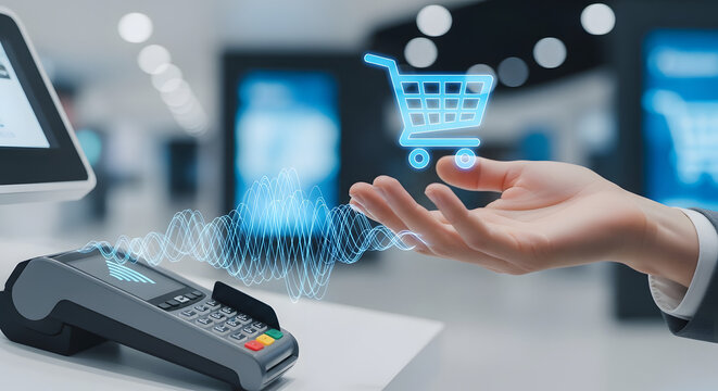 A hand holds a glowing shopping cart icon above a modern payment terminal, symbolizing digital transactions.