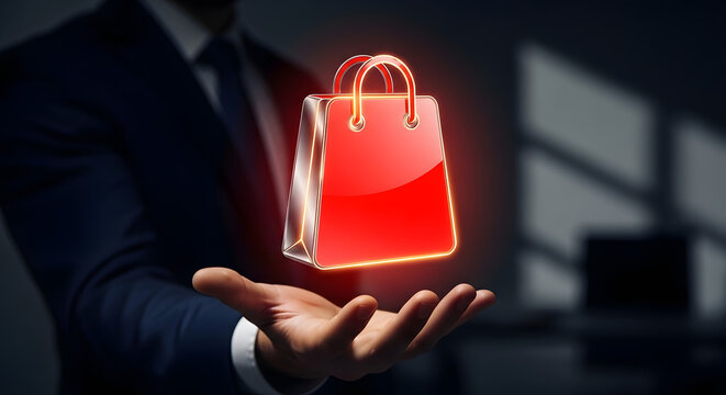 A hand holds a vibrant, glowing red shopping bag, symbolizing a successful or exclusive purchase.