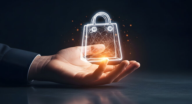 A hand delicately holds a glowing, wireframe shopping bag, representing digital commerce and virtual shopping.