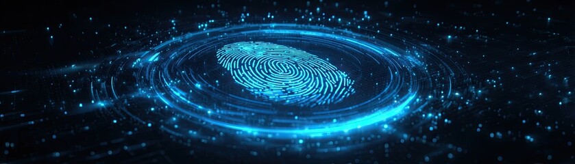 Obraz premium A glowing blue digital fingerprint surrounded by circular data patterns symbolizes cybersecurity and biometric technology.