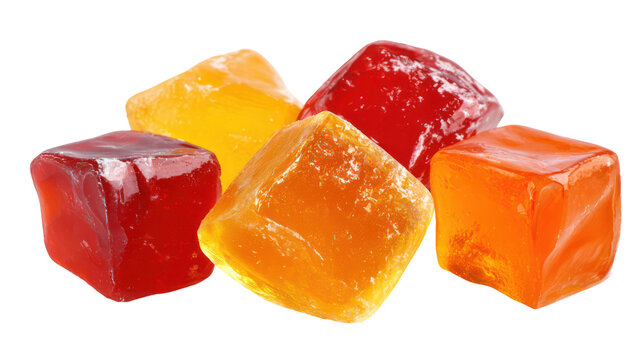 A colorful arrangement of fruit gummies on transparent background