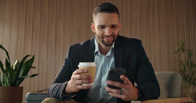 Phone, contact and business man in airport lounge for layover notice, flight schedule and coffee. Communication, boarding pass and travel update with person and tech in lobby for waiting room