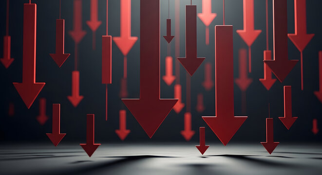 Numerous bold red arrows are descending vertically, symbolizing widespread economic downturn and market collapse.