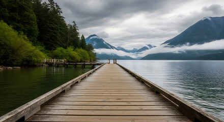 Fototapeta premium A wooden dock on a lake with mountains in the background