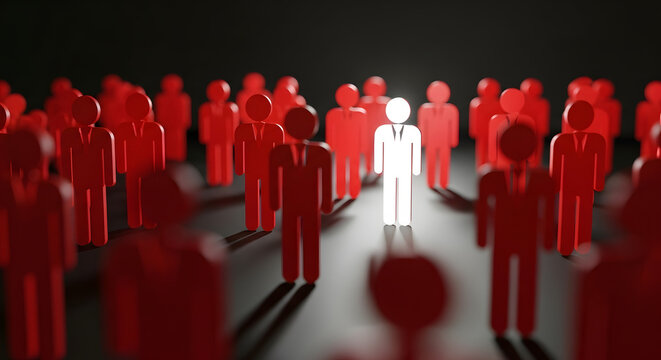 A solitary white person icon stands prominently illuminated by a spotlight amidst a dense crowd of red figures.