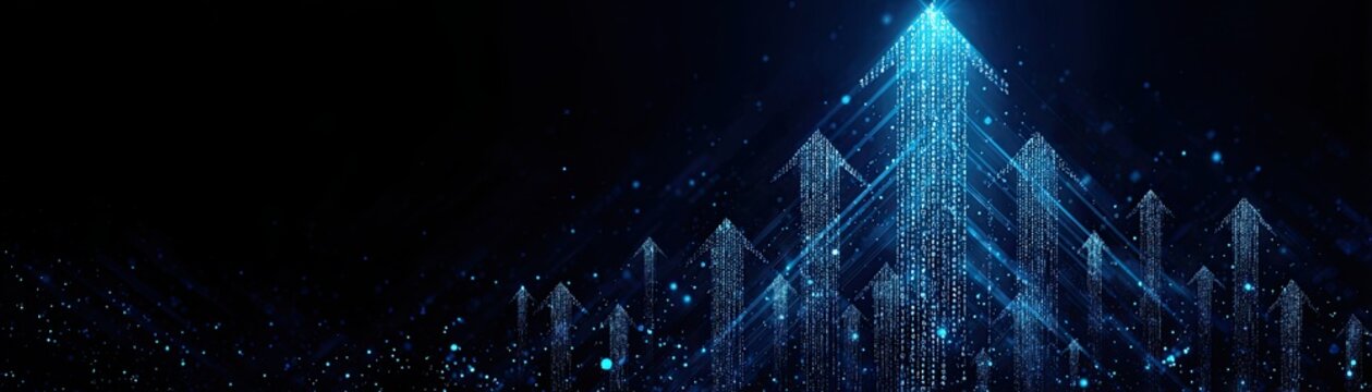 Digital blue arrows composed of glowing dots and lines rise upwards against a dark background, symbolizing growth, progress, and technology.