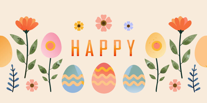 Watercolor easter eggs and blossoming flowers with a happy message