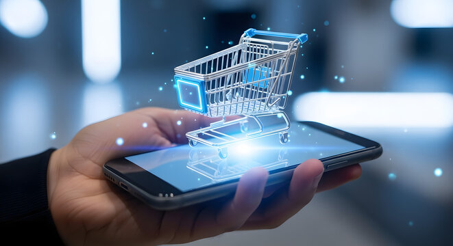A human hand holds a smartphone displaying a glowing virtual shopping cart, symbolizing modern online retail.