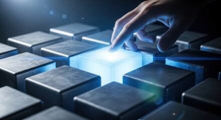 Hand selecting a glowing cube amongst others, symbolizing choice or innovation