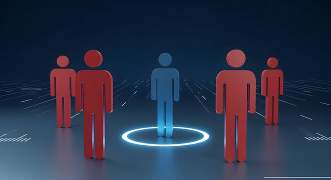 A central blue figure stands illuminated in a glowing circle, surrounded by red figures, symbolizing focus.