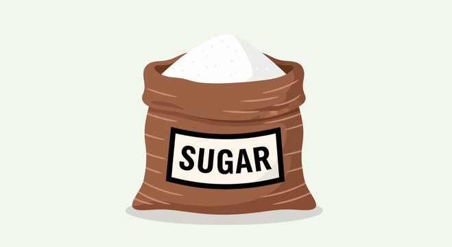 A brown burlap bag filled with granulated sugar, featuring a label.