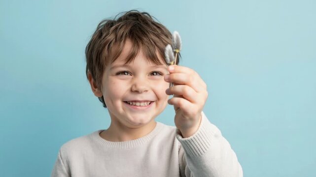 Laughing young boy holding pussy willow branches to his nose. Happy child having fun with spring flowers on blue background. Easter holiday concept