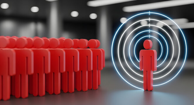 A singular red figure stands prominently within glowing target circles, while a larger group watches.