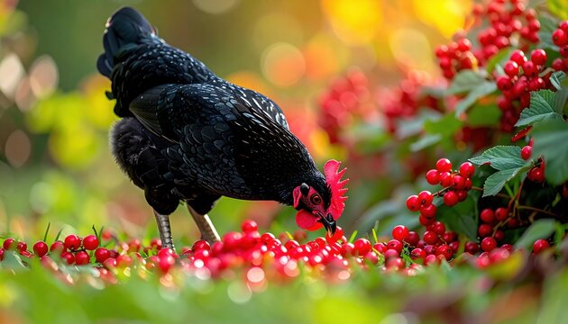 Black Australorp hen pecking at bright red berries in a sunlit garden setting