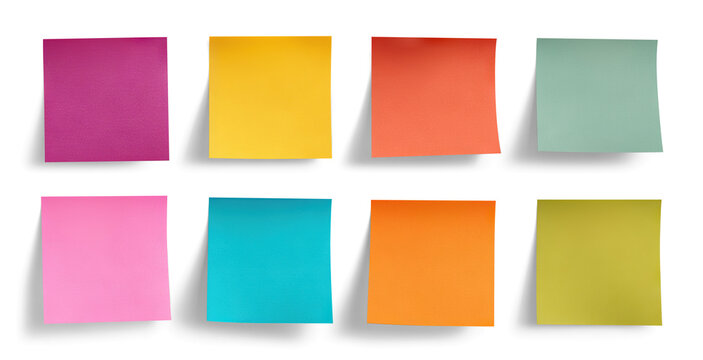 Colorful blank sticky notes set, isolated on transparent cutout background