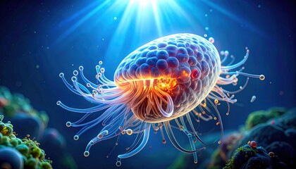 Fototapeta premium Vibrant single celled amoeba with glowing interior and radiating tendrils in deep blue aquatic environment