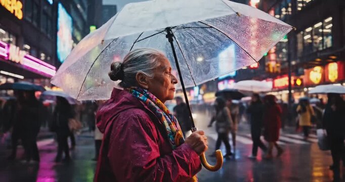 Elderly woman with umbrella standing in busy city street during rain, neon lights illuminating scene
