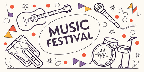 Colorful illustration of musical instruments and notes for a vibrant music festival celebration © Tff