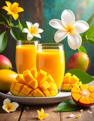Fresh mango juice in two glasses on a wooden table with sliced mango