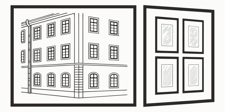 A black and white drawing of a large window with four panes and a smaller window with six panes.
