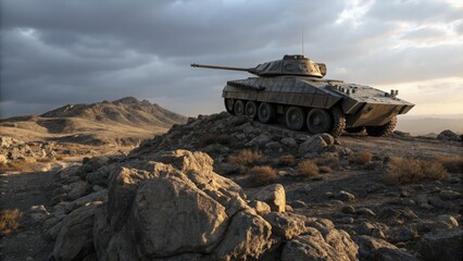 Fototapeta premium Armored Stealth Tank on Rocky Terrain Under Cloudy Sky