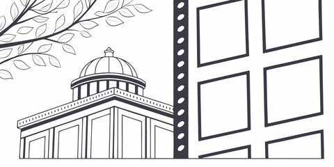 A vintage movie poster featuring a grand building with a dome and columns © Tff