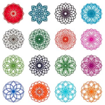 A grid of 16 colorful, intricate, radial patterns, reminiscent of mandalas, each with a unique design