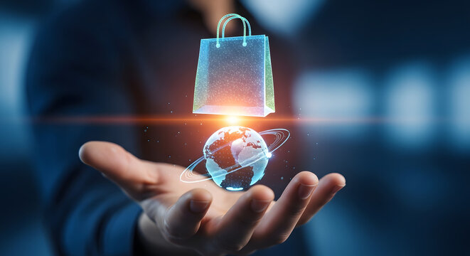 A human hand gently holds a vibrant, glowing shopping bag above a spinning digital globe.