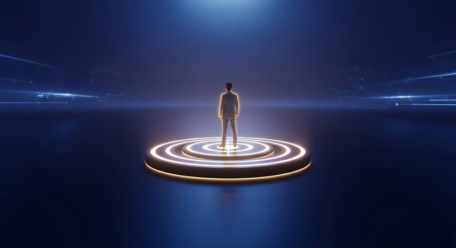 A lone man stands on glowing circular platforms within a vast, dark, futuristic digital space.