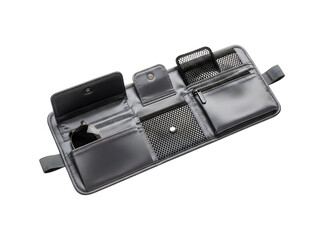 Png grey leather wallet with multiple pockets and compartments isolated on transparent background