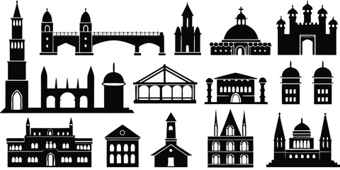 Fototapeta premium Collection of Historical Building Silhouettes on White