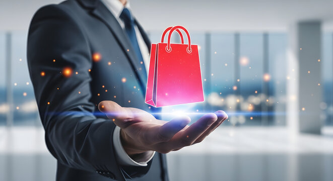 A distinguished businessman in a suit holds a vibrant, glowing red shopping bag for e-commerce.