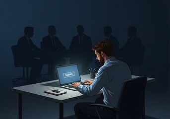 Government startup business plan submission moment, entrepreneur reviewing proposal under pressure, anxiety, anticipation and hope before final submit.