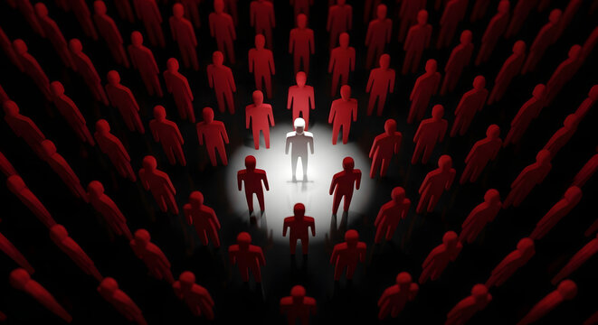 A glowing white figure stands prominently in a bright spotlight surrounded by many shadowy red people.