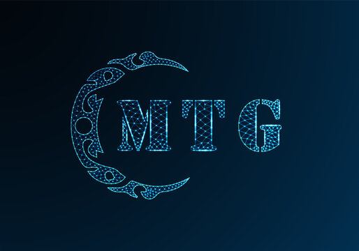 Low poly letter logo MTG design. MTG letter logo low poly vector design on blue color gradient background. MTG logo low poly design