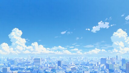 入道雲広がる青空都市風景 シティスカイラインイラスト