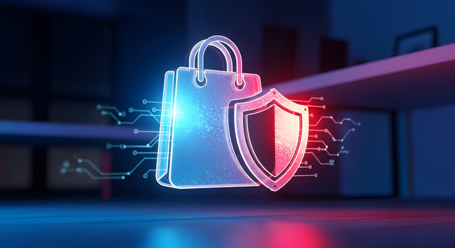 A glowing holographic shopping bag and a robust security shield icon connected by digital circuitry.