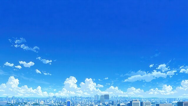 青空と雲広がる都市パノラマ 近未来シティイラスト