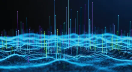 Keuken achterwand Blauw Abstract image depicting a digital landscape with glowing blue waves and vertical lines. The scene suggests data networks or futuristic technology.  © Sham