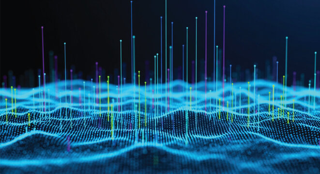 Abstract image depicting a digital landscape with glowing blue waves and vertical lines. The scene suggests data networks or futuristic technology.